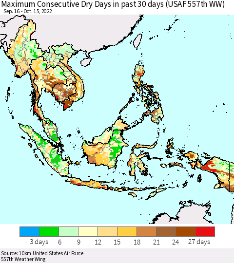 South East Asia Maximum Consecutive Dry Days in past 30 days (USAF 557th WW) 10/15/2022 Thematic Map For 10/11/2022 - 10/15/2022
