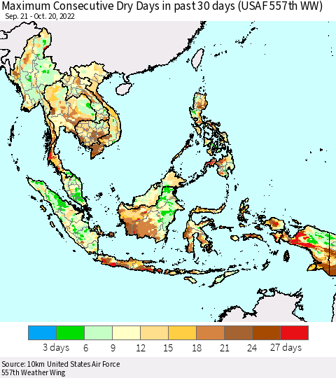 South East Asia Maximum Consecutive Dry Days in past 30 days (USAF 557th WW) 10/20/2022 Thematic Map For 10/16/2022 - 10/20/2022