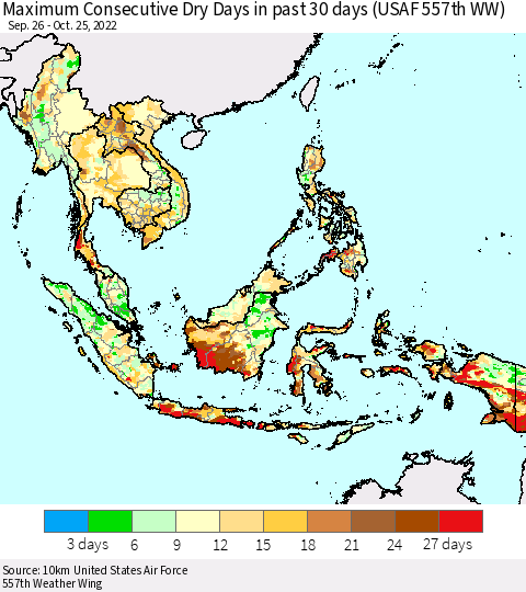South East Asia Maximum Consecutive Dry Days in past 30 days (USAF 557th WW) 10/25/2022 Thematic Map For 10/21/2022 - 10/25/2022