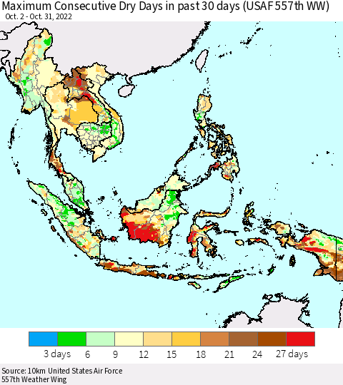 South East Asia Maximum Consecutive Dry Days in past 30 days (USAF 557th WW) 10/31/2022 Thematic Map For 10/26/2022 - 10/31/2022