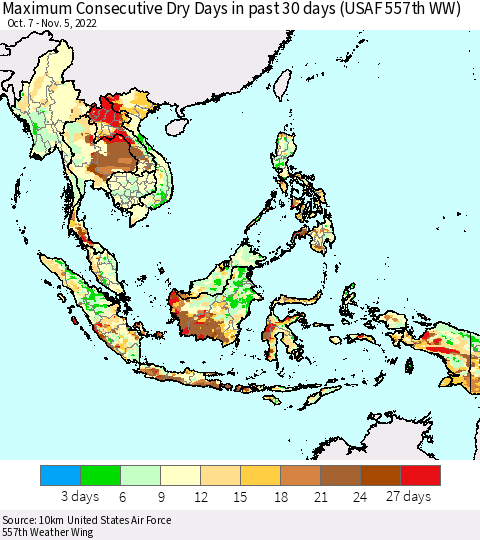 South East Asia Maximum Consecutive Dry Days in past 30 days (USAF 557th WW) 11/05/2022 Thematic Map For 11/1/2022 - 11/5/2022
