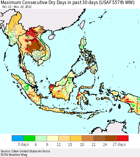 South East Asia Maximum Consecutive Dry Days in past 30 days (USAF 557th WW) 11/10/2022 Thematic Map For 11/6/2022 - 11/10/2022