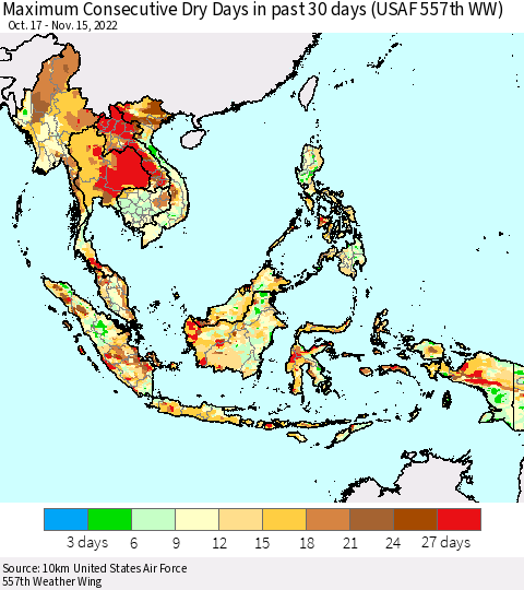 South East Asia Maximum Consecutive Dry Days in past 30 days (USAF 557th WW) 11/15/2022 Thematic Map For 11/11/2022 - 11/15/2022
