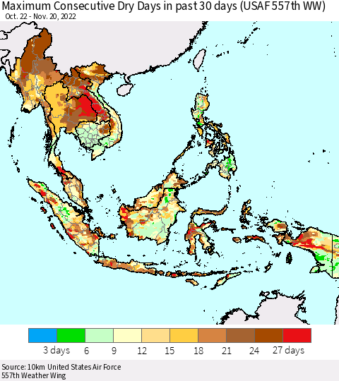 South East Asia Maximum Consecutive Dry Days in past 30 days (USAF 557th WW) 11/20/2022 Thematic Map For 11/16/2022 - 11/20/2022