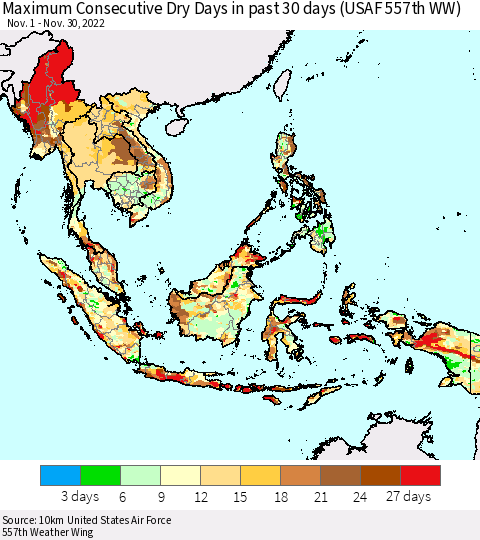South East Asia Maximum Consecutive Dry Days in past 30 days (USAF 557th WW) 11/30/2022 Thematic Map For 11/26/2022 - 11/30/2022