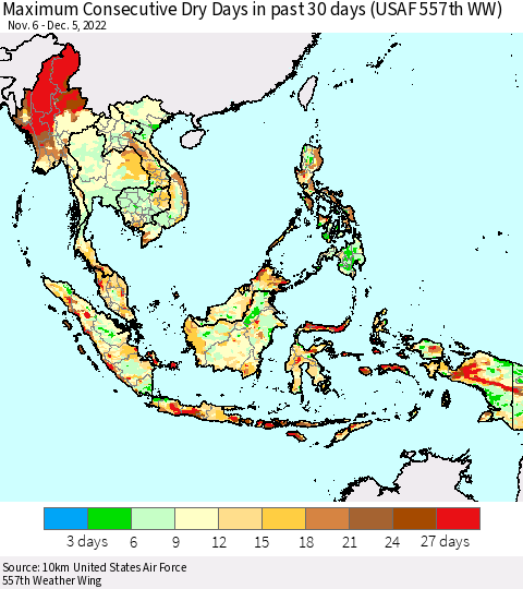 South East Asia Maximum Consecutive Dry Days in past 30 days (USAF 557th WW) 12/05/2022 Thematic Map For 12/1/2022 - 12/5/2022