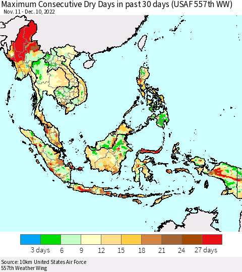 South East Asia Maximum Consecutive Dry Days in past 30 days (USAF 557th WW) 12/10/2022 Thematic Map For 12/6/2022 - 12/10/2022