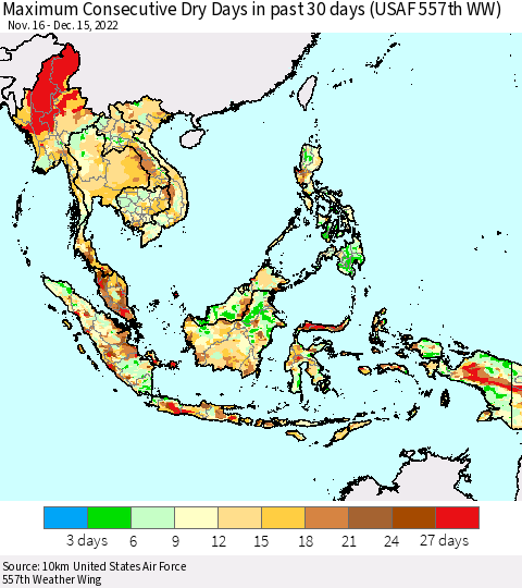 South East Asia Maximum Consecutive Dry Days in past 30 days (USAF 557th WW) 12/15/2022 Thematic Map For 12/11/2022 - 12/15/2022