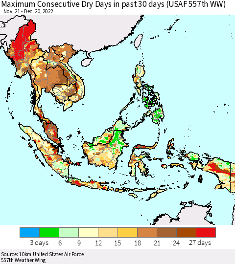 South East Asia Maximum Consecutive Dry Days in past 30 days (USAF 557th WW) 12/20/2022 Thematic Map For 12/16/2022 - 12/20/2022