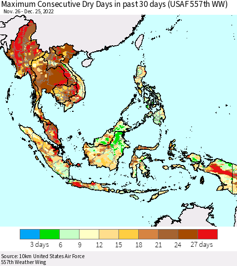 South East Asia Maximum Consecutive Dry Days in past 30 days (USAF 557th WW) 12/25/2022 Thematic Map For 12/21/2022 - 12/25/2022
