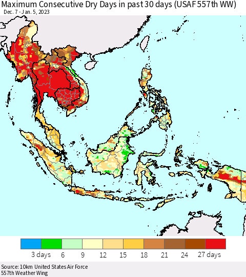 South East Asia Maximum Consecutive Dry Days in past 30 days (USAF 557th WW) 01/05/2023 Thematic Map For 1/1/2023 - 1/5/2023