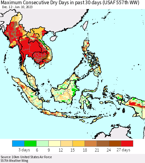 South East Asia Maximum Consecutive Dry Days in past 30 days (USAF 557th WW) 01/10/2023 Thematic Map For 1/6/2023 - 1/10/2023