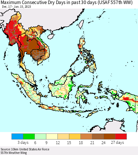South East Asia Maximum Consecutive Dry Days in past 30 days (USAF 557th WW) 01/15/2023 Thematic Map For 1/11/2023 - 1/15/2023