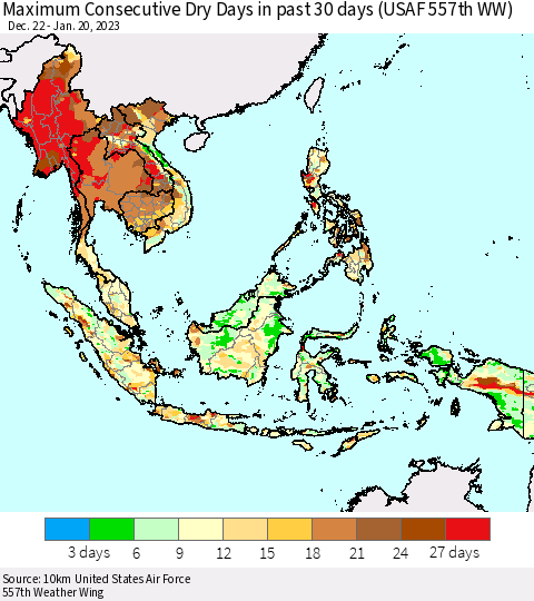 South East Asia Maximum Consecutive Dry Days in past 30 days (USAF 557th WW) 01/20/2023 Thematic Map For 1/16/2023 - 1/20/2023