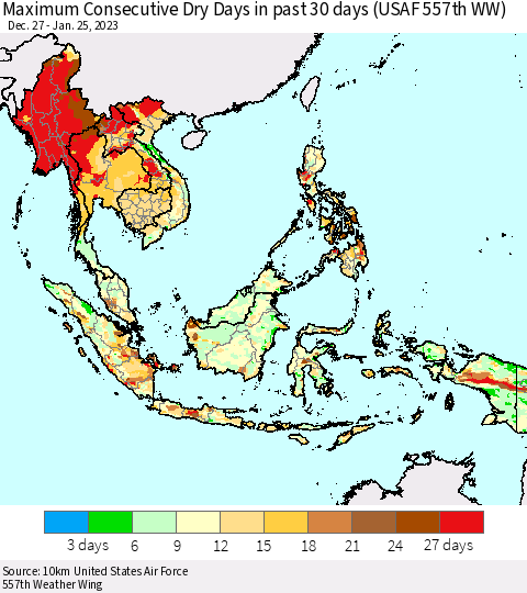 South East Asia Maximum Consecutive Dry Days in past 30 days (USAF 557th WW) 01/25/2023 Thematic Map For 1/21/2023 - 1/25/2023