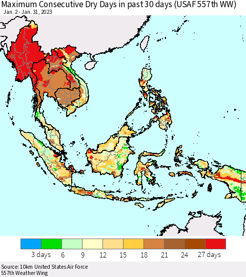 South East Asia Maximum Consecutive Dry Days in past 30 days (USAF 557th WW) 01/31/2023 Thematic Map For 1/26/2023 - 1/31/2023