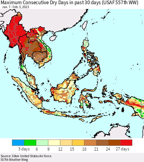 South East Asia Maximum Consecutive Dry Days in past 30 days (USAF 557th WW) 02/05/2023 Thematic Map For 2/1/2023 - 2/5/2023