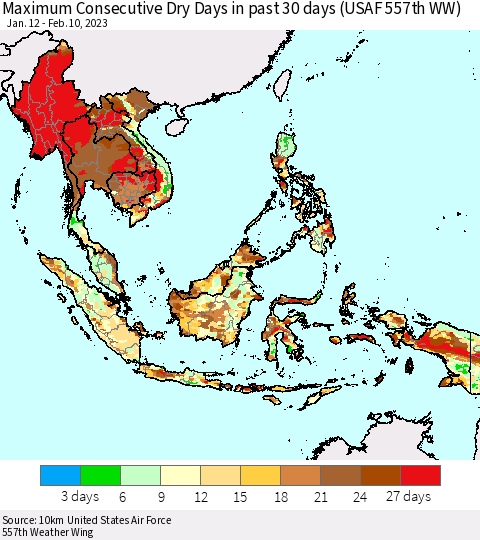 South East Asia Maximum Consecutive Dry Days in past 30 days (USAF 557th WW) 02/10/2023 Thematic Map For 2/6/2023 - 2/10/2023