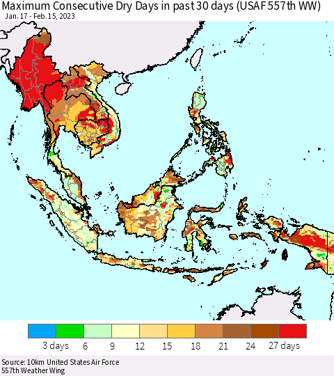 South East Asia Maximum Consecutive Dry Days in past 30 days (USAF 557th WW) 02/15/2023 Thematic Map For 2/11/2023 - 2/15/2023
