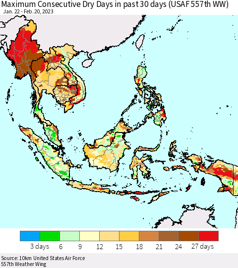 South East Asia Maximum Consecutive Dry Days in past 30 days (USAF 557th WW) 02/20/2023 Thematic Map For 2/16/2023 - 2/20/2023