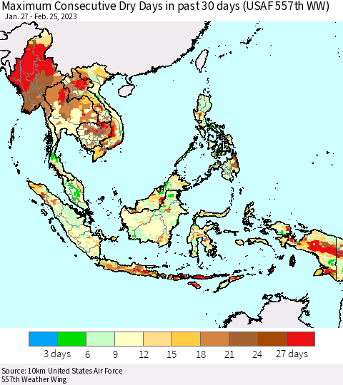 South East Asia Maximum Consecutive Dry Days in past 30 days (USAF 557th WW) 02/25/2023 Thematic Map For 2/21/2023 - 2/25/2023