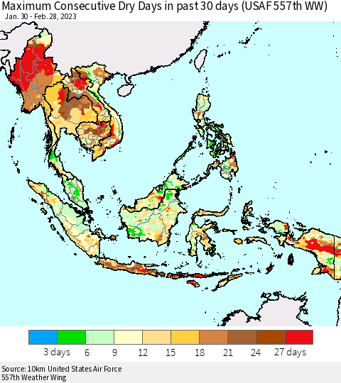South East Asia Maximum Consecutive Dry Days in past 30 days (USAF 557th WW) 02/28/2023 Thematic Map For 2/26/2023 - 2/28/2023