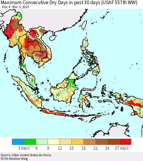 South East Asia Maximum Consecutive Dry Days in past 30 days (USAF 557th WW) 03/05/2023 Thematic Map For 3/1/2023 - 3/5/2023