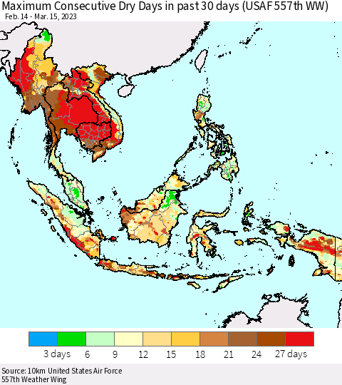 South East Asia Maximum Consecutive Dry Days in past 30 days (USAF 557th WW) 03/15/2023 Thematic Map For 3/11/2023 - 3/15/2023