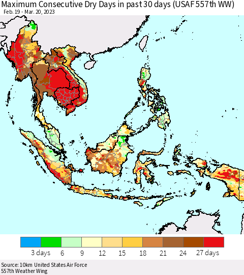 South East Asia Maximum Consecutive Dry Days in past 30 days (USAF 557th WW) 03/20/2023 Thematic Map For 3/16/2023 - 3/20/2023