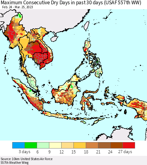 South East Asia Maximum Consecutive Dry Days in past 30 days (USAF 557th WW) 03/25/2023 Thematic Map For 3/21/2023 - 3/25/2023