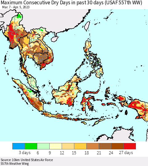 South East Asia Maximum Consecutive Dry Days in past 30 days (USAF 557th WW) 04/05/2023 Thematic Map For 4/1/2023 - 4/5/2023