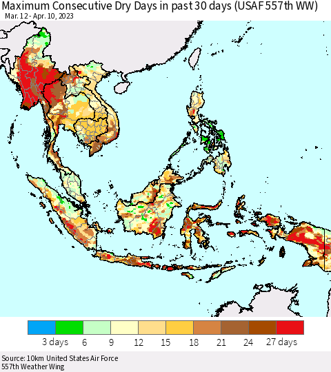 South East Asia Maximum Consecutive Dry Days in past 30 days (USAF 557th WW) 04/10/2023 Thematic Map For 4/6/2023 - 4/10/2023