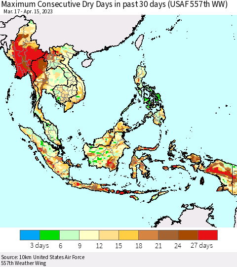 South East Asia Maximum Consecutive Dry Days in past 30 days (USAF 557th WW) 04/15/2023 Thematic Map For 4/11/2023 - 4/15/2023