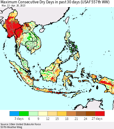 South East Asia Maximum Consecutive Dry Days in past 30 days (USAF 557th WW) 04/20/2023 Thematic Map For 4/16/2023 - 4/20/2023