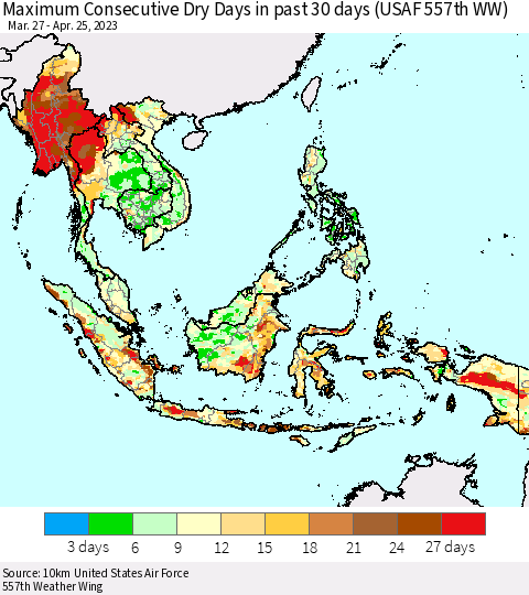 South East Asia Maximum Consecutive Dry Days in past 30 days (USAF 557th WW) 04/25/2023 Thematic Map For 4/21/2023 - 4/25/2023
