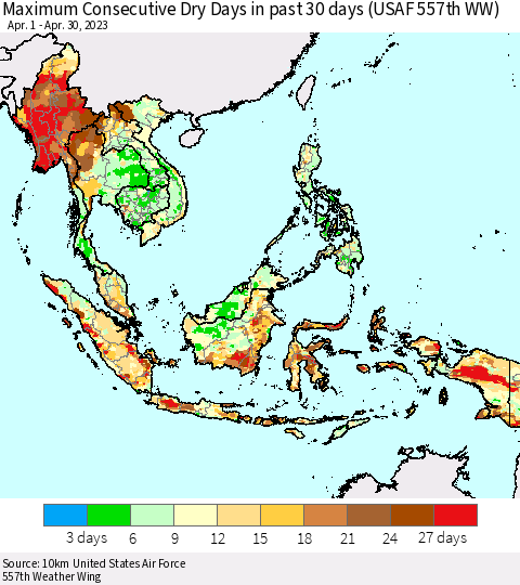 South East Asia Maximum Consecutive Dry Days in past 30 days (USAF 557th WW) 04/30/2023 Thematic Map For 4/26/2023 - 4/30/2023