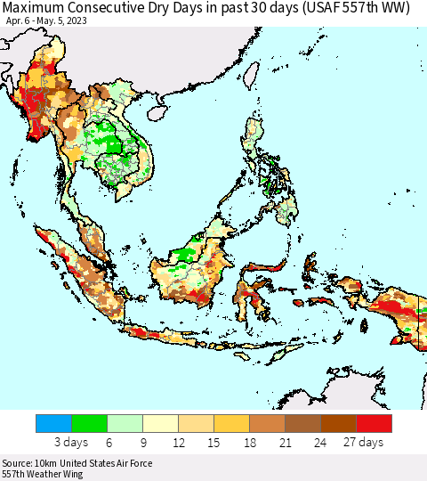 South East Asia Maximum Consecutive Dry Days in past 30 days (USAF 557th WW) 05/05/2023 Thematic Map For 5/1/2023 - 5/5/2023