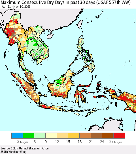 South East Asia Maximum Consecutive Dry Days in past 30 days (USAF 557th WW) 05/10/2023 Thematic Map For 5/6/2023 - 5/10/2023