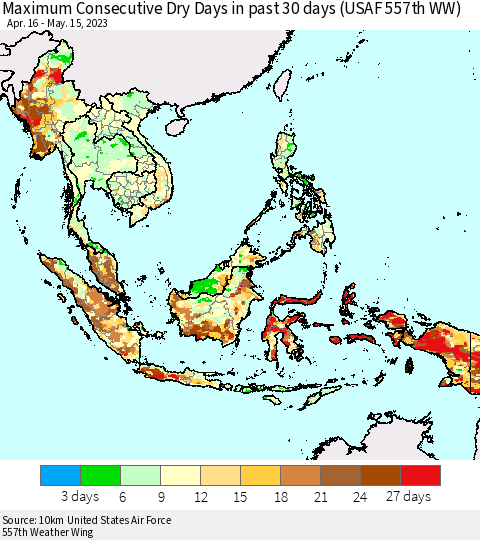 South East Asia Maximum Consecutive Dry Days in past 30 days (USAF 557th WW) 05/15/2023 Thematic Map For 5/11/2023 - 5/15/2023