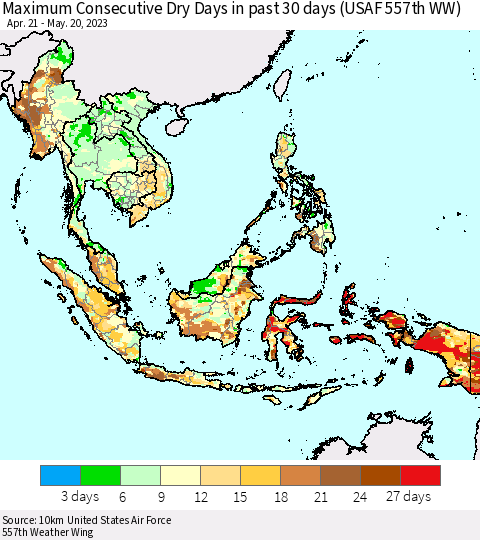 South East Asia Maximum Consecutive Dry Days in past 30 days (USAF 557th WW) 05/20/2023 Thematic Map For 5/16/2023 - 5/20/2023