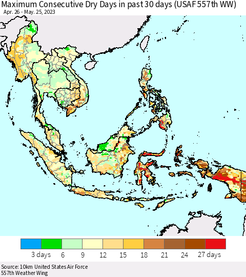 South East Asia Maximum Consecutive Dry Days in past 30 days (USAF 557th WW) 05/25/2023 Thematic Map For 5/21/2023 - 5/25/2023