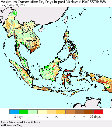 South East Asia Maximum Consecutive Dry Days in past 30 days (USAF 557th WW) 05/31/2023 Thematic Map For 5/26/2023 - 5/31/2023