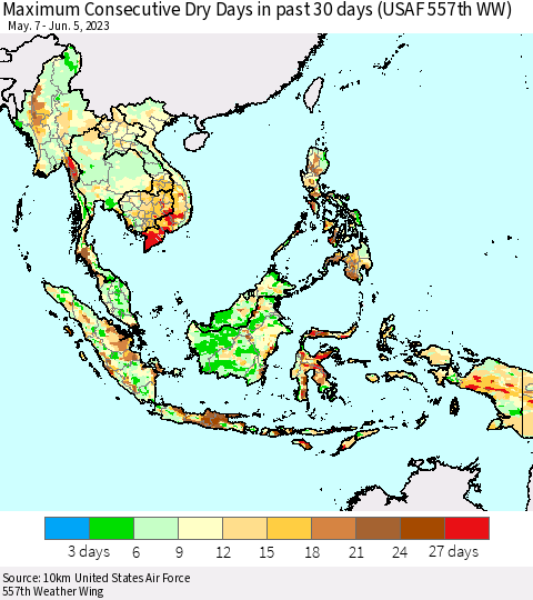 South East Asia Maximum Consecutive Dry Days in past 30 days (USAF 557th WW) 06/05/2023 Thematic Map For 6/1/2023 - 6/5/2023