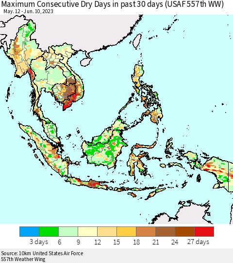 South East Asia Maximum Consecutive Dry Days in past 30 days (USAF 557th WW) 06/10/2023 Thematic Map For 6/6/2023 - 6/10/2023