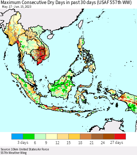 South East Asia Maximum Consecutive Dry Days in past 30 days (USAF 557th WW) 06/15/2023 Thematic Map For 6/11/2023 - 6/15/2023