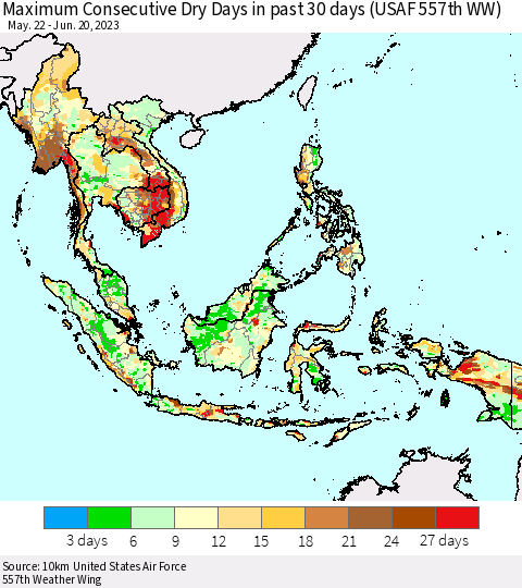 South East Asia Maximum Consecutive Dry Days in past 30 days (USAF 557th WW) 06/20/2023 Thematic Map For 6/16/2023 - 6/20/2023
