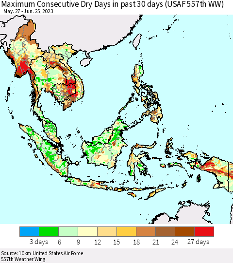 South East Asia Maximum Consecutive Dry Days in past 30 days (USAF 557th WW) 06/25/2023 Thematic Map For 6/21/2023 - 6/25/2023