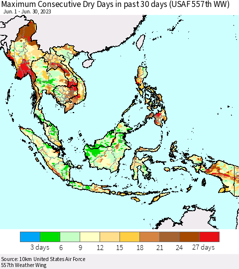 South East Asia Maximum Consecutive Dry Days in past 30 days (USAF 557th WW) 06/30/2023 Thematic Map For 6/26/2023 - 6/30/2023