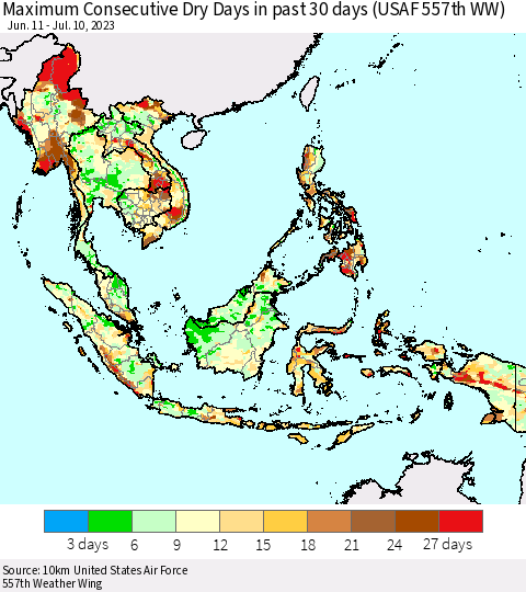 South East Asia Maximum Consecutive Dry Days in past 30 days (USAF 557th WW) 07/10/2023 Thematic Map For 7/6/2023 - 7/10/2023