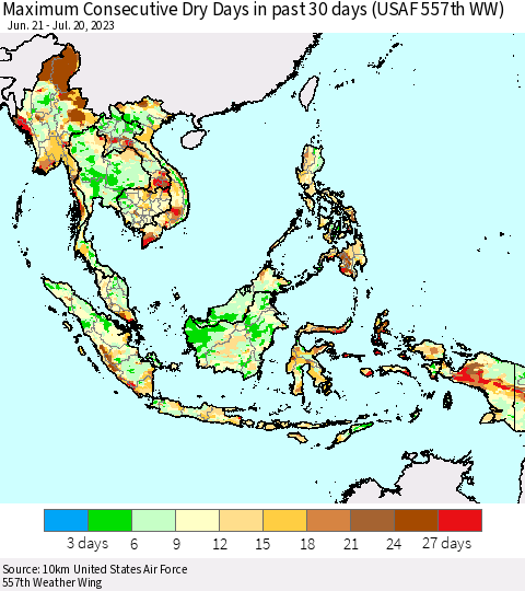 South East Asia Maximum Consecutive Dry Days in past 30 days (USAF 557th WW) 07/20/2023 Thematic Map For 7/16/2023 - 7/20/2023